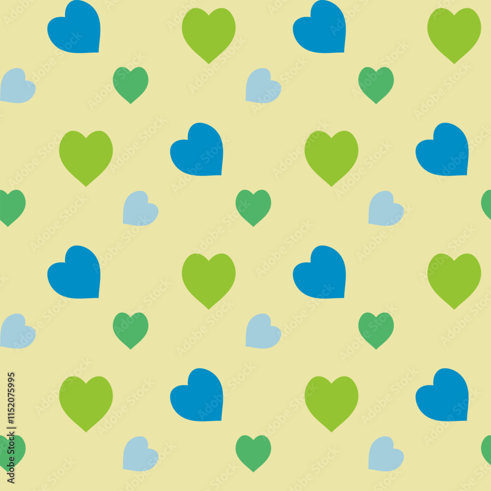 Seamless pattern with magic green and blue hearts on light yellow background. Vector image. Seamless pattern with magic green and blue hearts on light yellow background. Vector image.