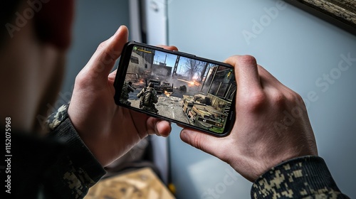 Person playing a first-person shooter game on a smartphone.