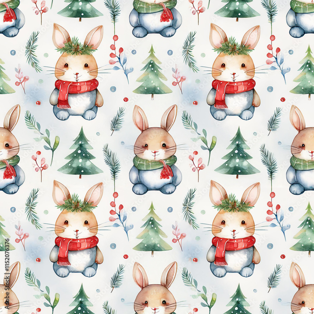 Whimsical woodland animals pattern with cute rabbits and evergreen trees for creative projects Whimsical woodland animals pattern with cute rabbits and evergreen trees for creative projects