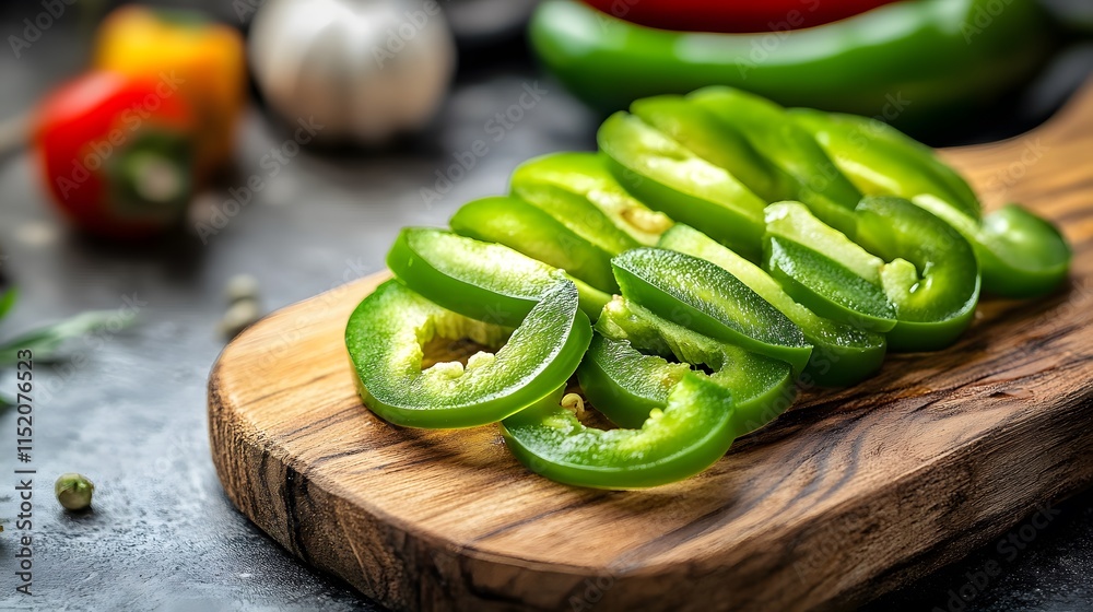 Close up sliced Green Chilli on wooden board Close up sliced Green Chilli on wooden board