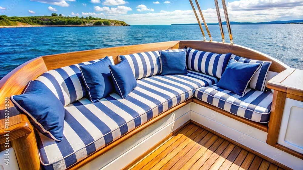 Fototapeta premium Luxury yacht interiors boast stylish navy and white striped cushions for elegant boat seating.