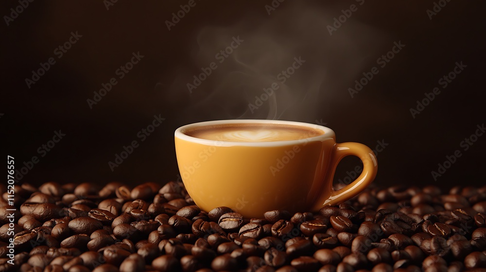 Steaming hot espresso cup placed on coffee beans, solid dark brown background Steaming hot espresso cup placed on coffee beans, solid dark brown background