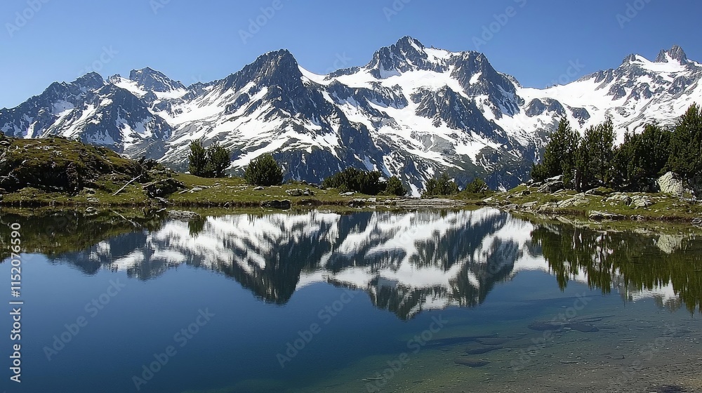 Serene mountain lake reflecting snow-capped peaks under a clear blue sky. Serene mountain lake reflecting snow-capped peaks under a clear blue sky.
