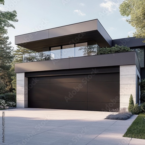 A sleek and contemporary home garage door, designed with clean lines and a minimalist aesthetic. photo