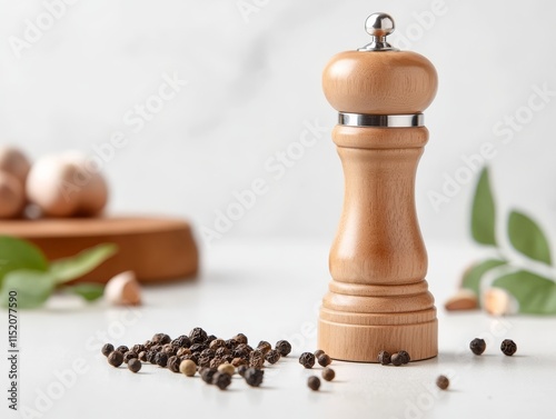 Wooden pepper mill on a light background with scattered peppercorns and fresh ingredients, perfect for seasoning and culinary themes.