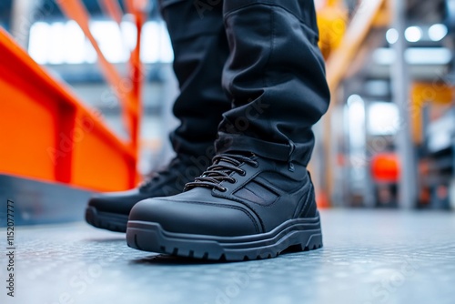 Close-up of sturdy black safety shoes in an industrial setting.