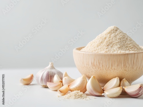 A wooden bowl filled with garlic powder alongside fresh garlic cloves, highlighting the essence of garlic in cooking. photo