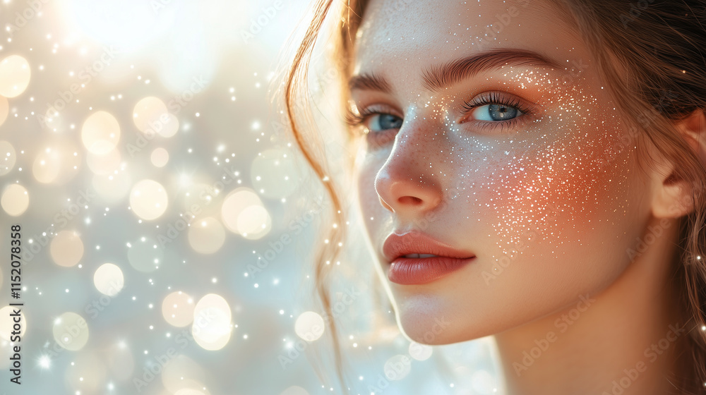 A woman with bright sparkling star makeup, glitter, astrology banner with copy space A woman with bright sparkling star makeup, glitter, astrology banner with copy space