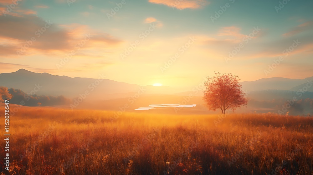 Solitary Tree Golden Sunset Serene Meadow Landscape Panorama Solitary Tree Golden Sunset Serene Meadow Landscape Panorama