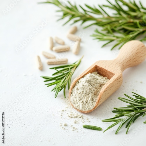 powder rosemary. A wooden scoop filled with herbal powder alongside fresh rosemary sprigs on a white background. photo