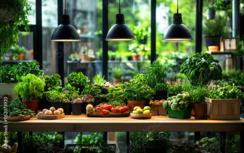 Discover a vibrant indoor garden filled with leafy greens, bright vegetables, and fresh herbs, all beautifully lit and arranged for an inspiring and healthy lifestyle. photo