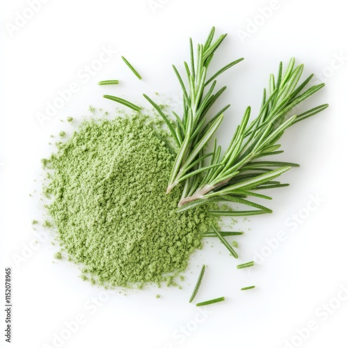powder rosemary. Fresh rosemary leaves with ground rosemary powder on a white isolated background, perfect for culinary and herbal uses.