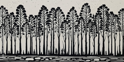 Black and White Linocut Forest Art Print on Canvas