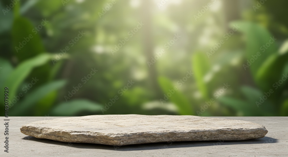 Fototapeta premium Tabletop podium floor in outdoors tropical garden forest blurred green leaf plant nature background.Natural product placement pedestal stand display,jungle paradise concept.