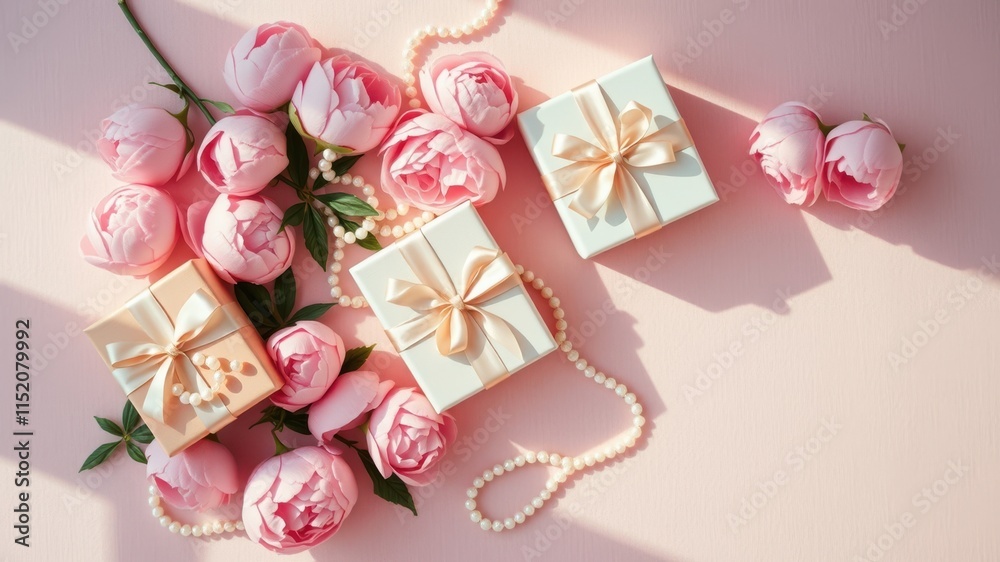 Delicate Pink Peonies and Elegant Gift Boxes Adorned with Pearl Jewelry on a Pastel Pink Background Delicate Pink Peonies and Elegant Gift Boxes Adorned with Pearl Jewelry on a Pastel Pink Background