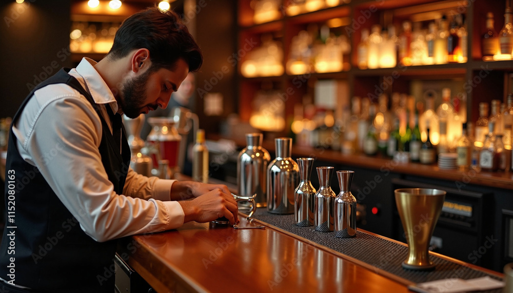 International Bartender Day. Bartender organizing bar tools in a modern cocktail bar International Bartender Day. Bartender organizing bar tools in a modern cocktail bar