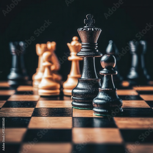 A strategic business planning concept depicted with chess pieces positioned on a chessboard, symbolizing thoughtful decision-making and strategic moves in a professional context. photo