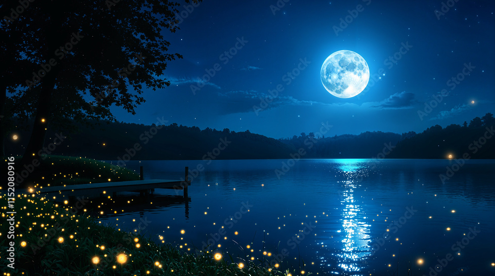 Serene Night Scene Moonlit Lake, Wooden Dock, Firefly Lights Serene Night Scene Moonlit Lake, Wooden Dock, Firefly Lights