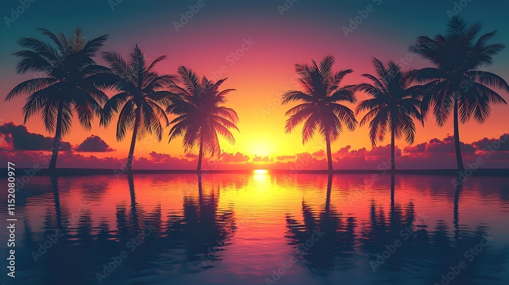 A serene sunset over a tranquil ocean, silhouetting palm trees against vibrant hues of orange, pink, and blue. The calm water reflects the stunning colors of the sky.