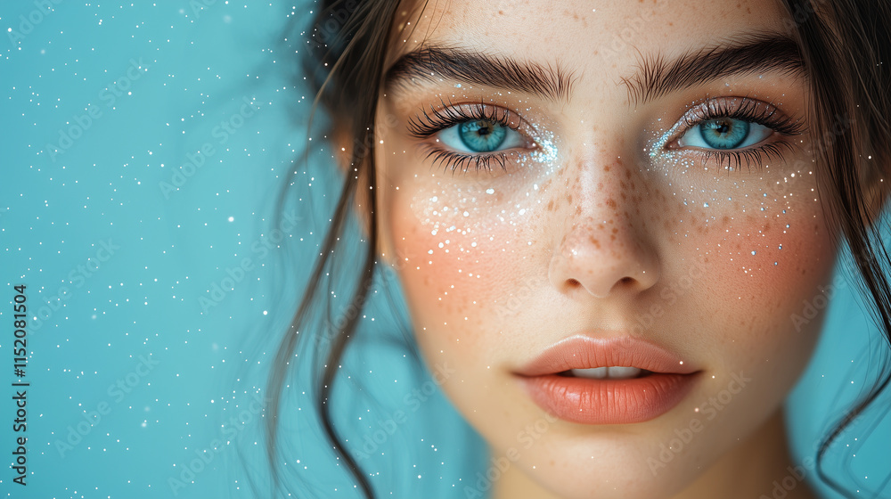 A woman with bright sparkling star makeup, glitter, astrology banner with copy space A woman with bright sparkling star makeup, glitter, astrology banner with copy space