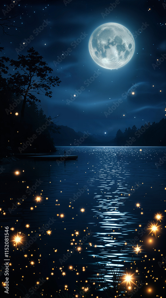 Serene Night Scene Moonlit Lake, Wooden Dock, Firefly Lights Serene Night Scene Moonlit Lake, Wooden Dock, Firefly Lights