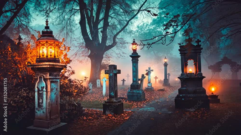Eerie Misty Graveyard at Night Glowing Lanterns and Tombstones Amidst Fog and Trees Create Spooky Atmosphere of Mystery and Tranquility