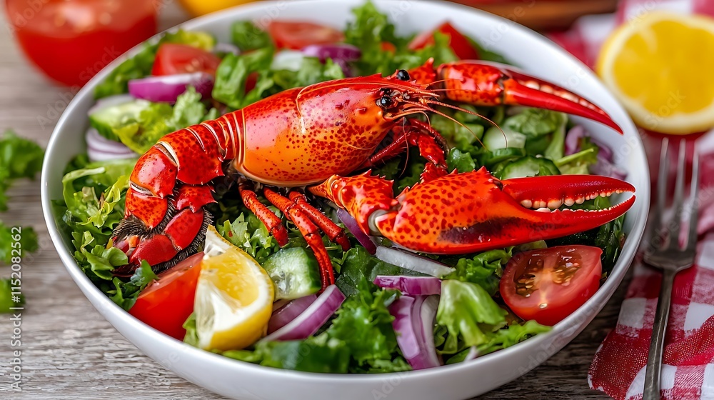 Cooked lobster in fresh vegetable salad. Cooked lobster in fresh vegetable salad.