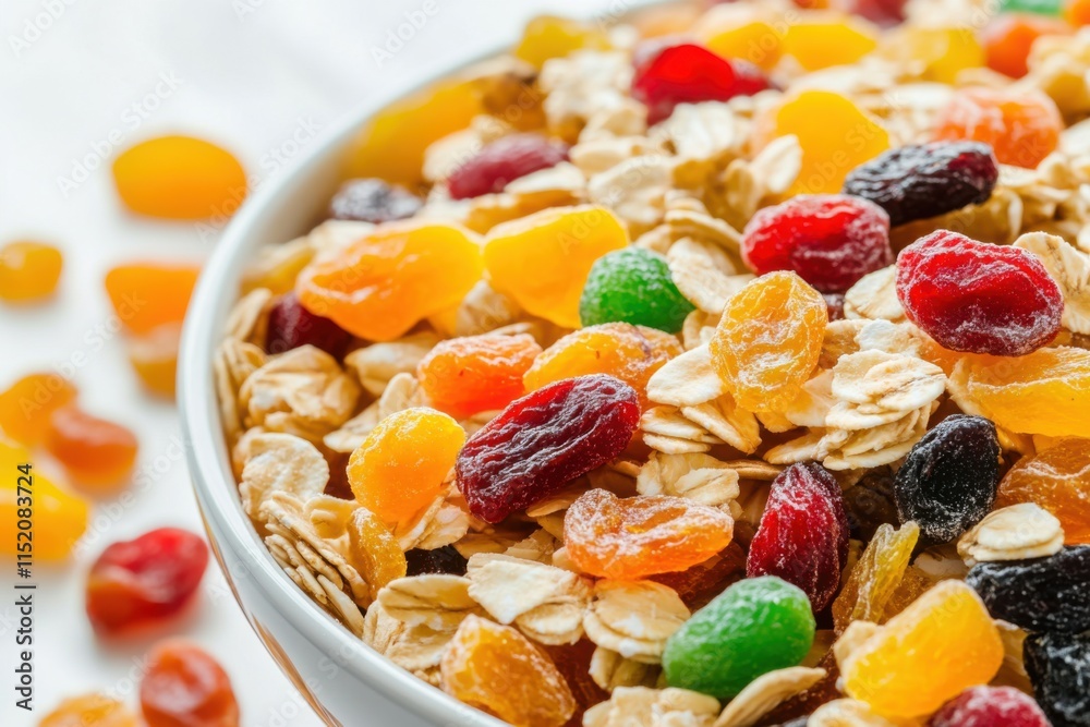 Colorful mix of dried fruits and oats in a bowl, showcasing healthy snack options for any time of day Colorful mix of dried fruits and oats in a bowl, showcasing healthy snack options for any time of day
