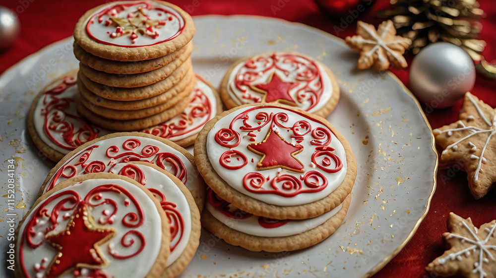 Fototapeta premium A festive holiday scene with Christmas-themed treats, including a stack of round cookies with red & white icing, gingerbread Christmas tree cookies, shiny ornaments, golden lights, festive decorations