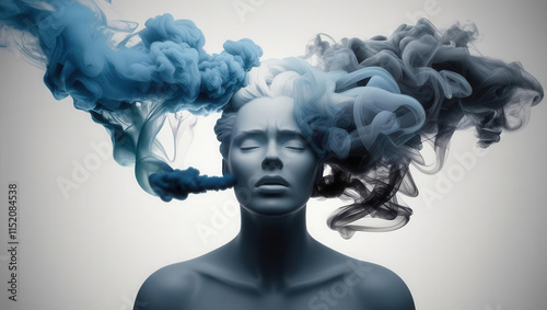 A surreal depiction of a figure with smoke-like clouds emanating from their head, symbolizing thoughts or emotions.