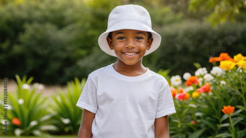 Little black boy wearing white t-shirt and white bucket hat standing in the garden Little black boy wearing white t-shirt and white bucket hat standing in the garden