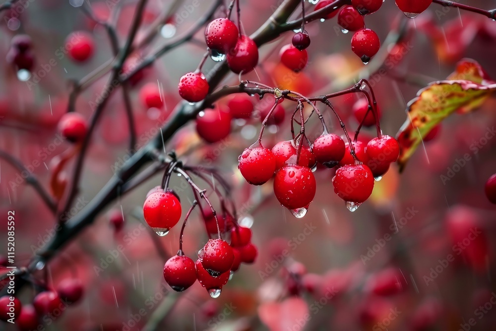 Clusters of small, shiny, red berries hanging from branches in the rain, creating a vibrant autumn scene Clusters of small, shiny, red berries hanging from branches in the rain, creating a vibrant autumn scene