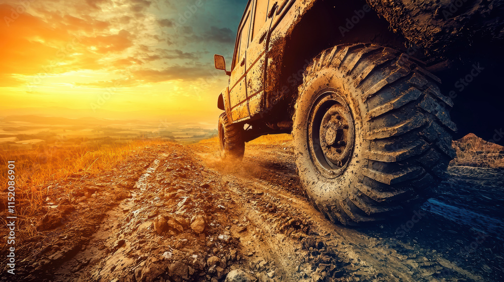 Off road vehicle driving on muddy trail at sunset, showcasing rugged terrain and vibrant colors Off road vehicle driving on muddy trail at sunset, showcasing rugged terrain and vibrant colors