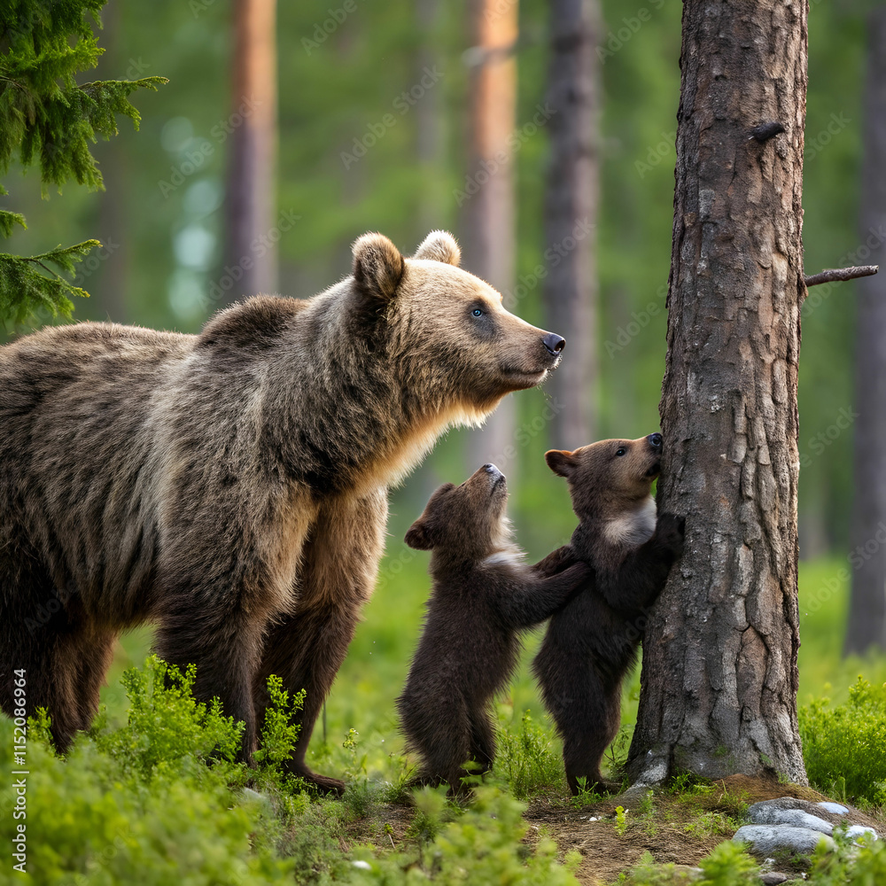 protective female brown bear standing close to her protective female brown bear standing close to her