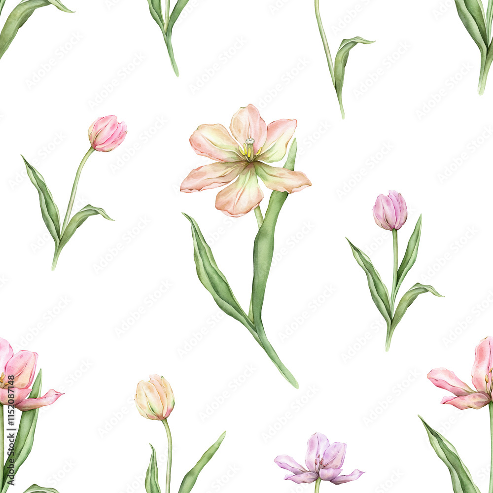 Seamless pattern of pastel pink light violet yellow bud Tulips watercolor illustration isolated on background. Hand drawn delicate spring perennial bulbous flower for spring wedding repeat design Seamless pattern of pastel pink light violet yellow bud Tulips watercolor illustration isolated on background. Hand drawn delicate spring perennial bulbous flower for spring wedding repeat design