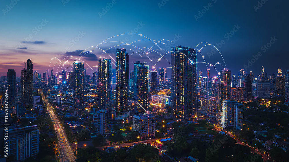 Smart digital city with connection cyber security network reciprocity over the cityscape . future smart wireless digital city and social media networking systems that connects people within the city Smart digital city with connection cyber security network reciprocity over the cityscape . future smart wireless digital city and social media networking systems that connects people within the city