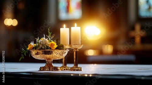 Soft Glow of Lit Candles on Table for Candlemas Celebration with Flowers