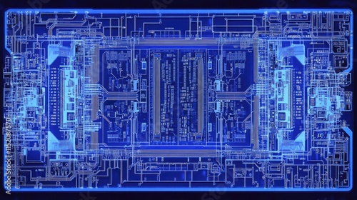 A computer-generated blueprint of a microchip processor layout, with labeled cores and pathways, illustrating its internal complexity