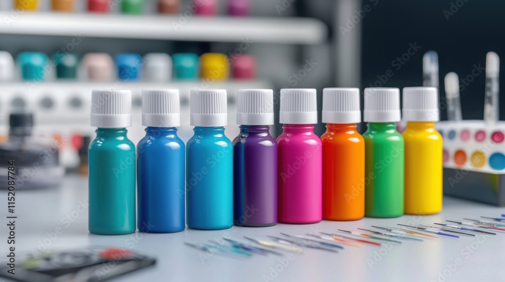 colorful tattoo ink bottles arranged neatly on a tattoo artist’s workstation, with blurred needles colorful tattoo ink bottles arranged neatly on a tattoo artist’s workstation, with blurred needles