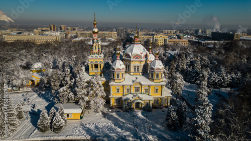 Drone view of the Ascension Cathedral, also known as Zenkov Cathedral, is a Russian Orthodox cathedral located in Panfilov Park in Almaty, Kazakhstan.