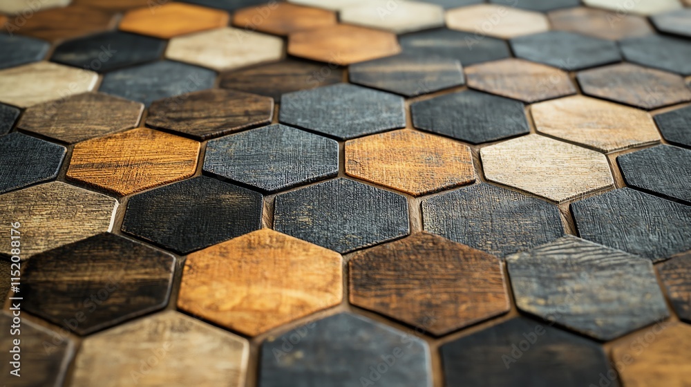 Close-up of a hexagonal wooden tile pattern showcasing various textures and colors creating a captivating design.