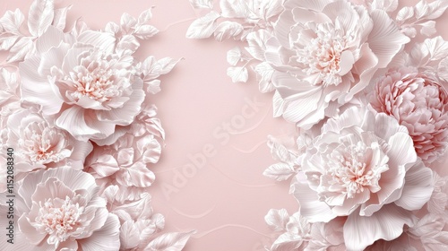 Tender peonies on pink background with copy space. Abstract natural floral frame layout with text space. Romantic feminine composition. Wedding invitation. International Women day, Mother Day concept