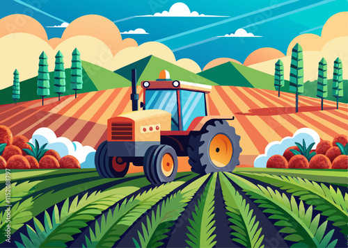 A tractor with automated technology planting crops in a large, lush farm field.