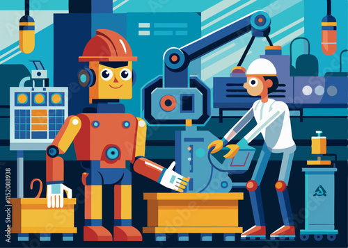 A robot working alongside a human in a high-tech factory, symbolizing automation and innovation.