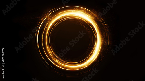 Abstract Golden circle round ring frame Portal with glowing golden lines and glitter particles isolated on black background with golden sparkles, VFX