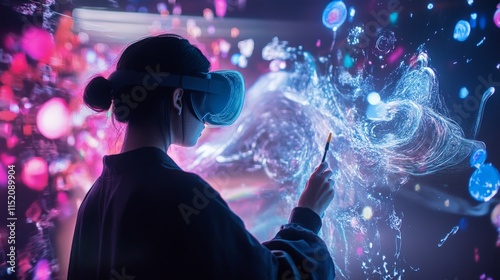 Asian female engaged in virtual reality art with colorful digital elements photo