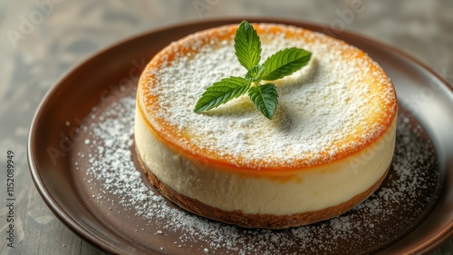 Delicious cheesecake topped with a mint leaf and powdered sugar on a brown plate photo