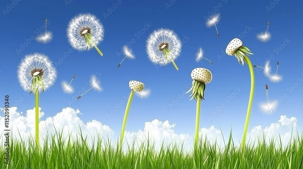 Dandelion with seeds blowing away in the wind across a clear blue sky with copy space
Dandelion with seeds blowing away in the wind across a clear blue sky with copy space