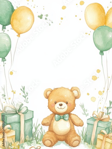 A teddy bear is sitting in front of a bunch of balloons and presents