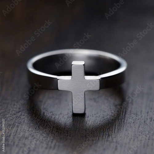 Silver cross ring on dark wooden surface photo